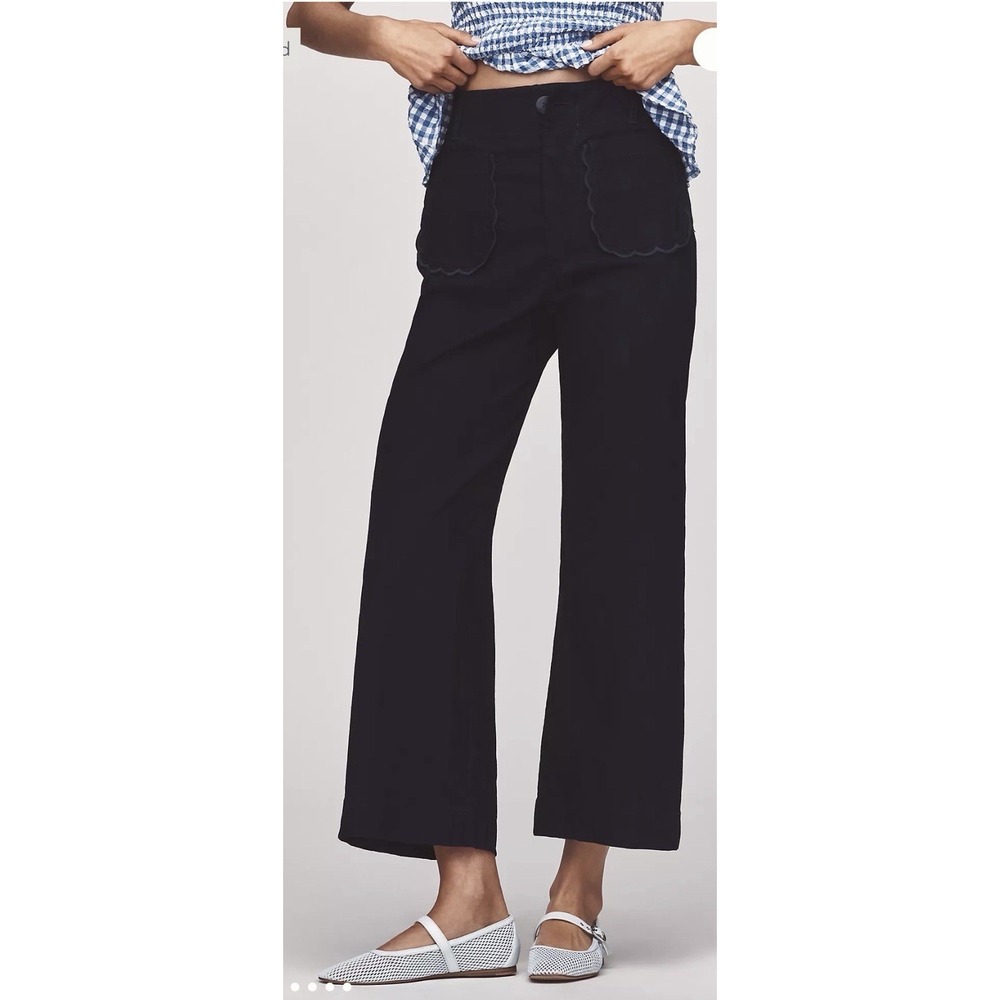 NWT Anthropologie Maeve Colette Navy Scallop High Rise Wide Leg Crop Pants Sz 27